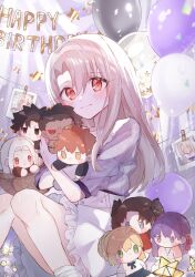  1girl absurdres alternate_costume artoria_pendragon_(all) artoria_pendragon_(fate) balloon blush character_doll closed_mouth draw_happy_set emiya_kiritsugu emiya_shirou fate/stay_night fate/zero fate_(series) grey_hair happy_birthday heracles_(fate) highres illyasviel_von_einzbern irisviel_von_einzbern long_hair looking_at_viewer matou_sakura mixed-language_commentary photo_(object) purple_shirt red_eyes saber_(fate) shirt sitting skirt smile solo tohsaka_rin twitter_username white_skirt 