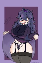 big_hair blush creatures_(company) flashing game_freak hex_maniac_(pokemon) highres lavtheghost nintendo pokemon tagme thick_thighs thighs  rating:Questionable score:22 user:LavTheGhost