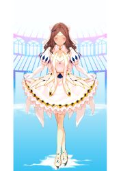  1girl absurdres bow brown_hair curtsey dress facing_viewer fate/grand_order fate_(series) full_body gloves hair_bow highres leonardo_da_vinci_(fate) leonardo_da_vinci_(fate/grand_order) leonardo_da_vinci_(rider)_(fate) long_hair menea parted_bangs smile solo white_gloves 