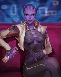  1girl alien annoyed aria_t&#039;loak_(mass_effect) asari_(mass_effect) black_gloves blue_eyes breasts cleavage colored_skin commission cup fingerless_gloves gloves hand_on_own_stomach holding holding_cup looking_at_viewer mass_effect_(series) mass_effect_2 mass_effect_3 medium_breasts nesoun parted_lips pink_skin science_fiction sitting solo tentacle_hair  rating:Sensitive score:24 user:danbooru