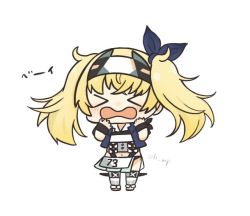  &gt;_&lt; 1girl apron blonde_hair chibi commentary_request eyes_closed full_body gambier_bay_(kancolle) gambier_bay_mk_ii_(kancolle) hairband half-skirt kantai_collection karin. multicolored_clothes open_mouth simple_background solo standing twintails white_background 