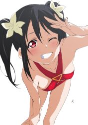  1girl bikini black_hair blush breasts collarbone commentary_request flower grin hair_between_eyes hair_flower hair_ornament highres leaning_forward looking_at_viewer love_live! love_live!_school_idol_project medium_hair nagi_mkrnpn one_eye_closed red_bikini red_eyes salute sidelocks small_breasts smile solo standing swimsuit twintails upper_body white_background yazawa_nico 