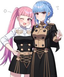  2girls :d ascot belt black_dress blue_hair blunt_bangs braid breasts buttons commentary_request crown_braid dress fire_emblem fire_emblem:_three_houses flying_sweatdrops garreg_mach_monastery_uniform hand_on_own_hip highres hilda_valentine_goneril large_breasts marianne_von_edmund medium_hair multiple_girls nintendo one_eye_closed open_mouth pink_eyes pink_hair shinae simple_background smile standing star_(symbol) twintails two-tone_dress white_ascot white_background white_dress 