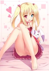  10s 1girl :d barefoot blonde_hair blue_eyes blush boku_wa_tomodachi_ga_sukunai clitoris cygnus_(cygnus7) dress fang feet hasegawa_kobato heart heterochromia highres legs loli long_legs looking_at_viewer no_panties open_mouth pussy pussy_juice pussy_juice_stain red_eyes ribbon sidelocks sitting smile solo stuffed_animal stuffed_rabbit stuffed_toy third-party_edit toes twintails two_side_up uncensored  rating:Explicit score:170 user:Domestic_Importer