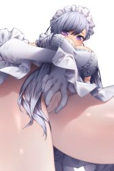 1girl absurdres azur_lane belfast_(azur_lane) blush breasts cleft_of_venus commentary_request copyright_request elbow_gloves from_below gloves highres large_breasts looking_down maid maid_headdress naidong_(artist) panties purple_eyes pussy pussy_peek see-through_panties silver_hair solo spread_pussy_under_clothes swept_bangs thighs underwear upskirt white_background white_gloves rating:Explicit score:66 user:danbooru