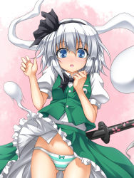 1girl :o assisted_exposure blue_eyes blush bow bow_panties female_focus ghost hairband hitodama katana konpaku_youmu konpaku_youmu_(ghost) panties pantyshot roura scabbard sheath sheathed short_hair silver_hair simple_background skirt skirt_flip solo striped_clothes striped_panties surprised sword touhou underwear upskirt weapon rating:Sensitive score:16 user:danbooru