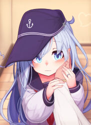  1boy 1girl admiral_(kancolle) anchor_symbol arm_up arms_up black_sailor_collar blue_eyes blush cheek_press cheek_squash flat_cap grey_hair hand_on_another&#039;s_cheek hand_on_another&#039;s_face hand_up hands_up hat hibiki_(kancolle) highres holding_another&#039;s_wrist jewelry kantai_collection light_smile long_hair long_sleeves messy_hair neckerchief out_of_frame pov pov_hands red_neckerchief reitou_mikan ring sailor_collar school_uniform serafuku smile solo_focus v_arms wedding_ring white_sleeves 