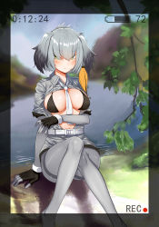 10s 1girl bad_id bad_pixiv_id belt between_breasts bikini bikini_top_only black_bikini black_gloves black_hair blonde_hair blurry blush border branch breasts closed_mouth clothes_lift collared_shirt covered_erect_nipples day depth_of_field fingerless_gloves gloves green_eyes grey_hair grey_pantyhose grey_shirt grey_shorts hair_between_eyes hair_over_eyes kemono_friends knees_together_feet_apart large_breasts leaf looking_at_viewer multicolored_hair necktie necktie_between_breasts outdoors pantyhose recording rokuroku_(xd_p) shirt shirt_lift shoebill_(kemono_friends) shorts sky solo swimsuit thighband_pantyhose viewfinder white_necktie wing_collar rating:Questionable score:3 user:danbooru