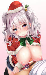 10s 1girl bar_censor blue_eyes blush bow breasts capelet censored christmas cleavage hanging_breasts hat hetero highres kantai_collection kashima_(kancolle) large_breasts long_hair looking_at_viewer male_pubic_hair nipples nironiro no_bra paizuri penis perpendicular_paizuri pink_background pubic_hair revision santa_costume santa_hat silver_hair skirt smile solo twintails rating:Explicit score:53 user:danbooru