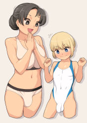 1boy 1girl :d age_difference black_hair blonde_hair blue_eyes blush breasts bulge closed_mouth competition_swimsuit covered_penis crossdressing flying_sweatdrops futa_with_male futanari highres large_breasts midriff muraosamu navel one-piece_swimsuit onee-shota open_mouth original shota smile swimsuit wavy_mouth  rating:Explicit score:330 user:danbooru