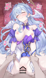  1boy 1girl absurdres bar_censor bare_shoulders blue_hair blush breasts censored closed_eyes closed_mouth daram_(shappydude) detached_sleeves earrings facial_mark gloves halo happy_sex head_wings heart hetero highres holding_another&#039;s_arm honkai:_star_rail honkai_(series) jewelry long_hair medium_breasts missionary motion_lines nipples on_bed pillow pov pussy pussy_juice robin_(honkai:_star_rail) single_earring spoken_heart sweat very_long_hair white_gloves wings  rating:Explicit score:15 user:danbooru