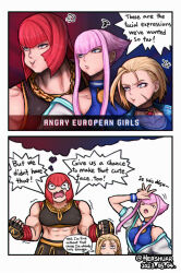  2koma 3girls puff_of_air anger_vein blonde_hair blue_eyes blunt_bangs breasts cammy_white comic commentary dated english_commentary english_text facial_scar fingerless_gloves gloves height_difference hershuar manon_legrand marisa_(street_fighter) medium_breasts multiple_girls muscular muscular_female pink_hair pout red_hair scar scar_on_cheek scar_on_face short_hair_with_long_locks sidelocks squiggle street_fighter street_fighter_6 tears thought_bubble twitter_username wavy_mouth  rating:General score:24 user:danbooru