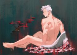  1boy absurdres back back_focus bonsai boyoishere commission full_body highres japanese_clothes kimono looking_at_viewer looking_back male_focus nude original partially_undressed red_eyes sitting solo toned toned_male white_hair white_kimono 