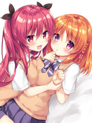 2girls :d :o asymmetrical_docking bed_sheet black_ribbon blush bow braid breast_press breasts brown_hair collared_shirt commentary_request diagonal-striped_bow fukai_ni_nemuru_oujo_no_abaddon girl_on_top hair_between_eyes hair_ribbon highres hino_yachika long_hair lying medium_breasts multiple_girls natsuki_marina on_back open_mouth parted_lips pleated_skirt purple_bow purple_eyes purple_skirt red_eyes red_hair ribbon school_uniform shirt short_sleeves skirt small_breasts smile striped striped_bow suzumori_mia sweater_vest two_side_up very_long_hair white_background white_shirt