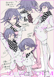  1boy ^_^ arm_behind_back arm_belt arms_behind_head arrow_(symbol) belt belt_buckle black_scarf border buckle buttons checkered_clothes checkered_scarf chibi closed_eyes commentary_request copyright_name cowboy_shot cropped_torso danganronpa_(series) danganronpa_v3:_killing_harmony double-breasted eyelashes finger_to_mouth full_body grin hair_between_eyes hand_on_own_chin hand_on_own_hip jacket long_sleeves male_focus me_(lililico) multiple_belts multiple_views oma_kokichi open_belt pants parted_lips pink_border purple_eyes purple_hair scarf short_hair smile smirk striped_background thigh_belt thigh_strap translation_request two-tone_background two-tone_scarf white_background white_belt white_footwear white_jacket white_pants white_scarf white_sleeves yellow_background 