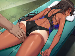 1boy 1girl arata ass back breasts brown_eyes cameltoe cleft_of_venus competition_swimsuit dark_skin half-closed_eyes highres long_hair lying massage massage_table on_stomach one-piece_swimsuit original parted_lips shiny_skin shiny_swimsuit swimsuit tan tanline thigh_grab thighs tile_floor tiles