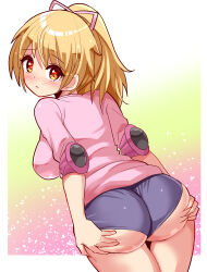  1girl ass ass_focus ass_grab blonde_hair blush breasts buruma cougar_(cougar1404) deep_skin elbow_gloves from_behind gloves hair_ribbon huge_ass large_breasts long_hair looking_at_viewer looking_back open_mouth ponytail red_eyes ribbon sideboob solo 