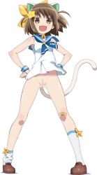 10s 1girl animal_ears bandaid bottomless brown_eyes brown_hair cat_ears cat_tail etotama fang full_body hair_ornament highres loli nyaa-tan open_mouth pussy shoes short_hair smile socks solo standing tail third-party_edit transparent_background rating:Explicit score:43 user:jameskb1