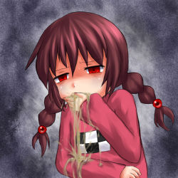 1girl aosora_(mizore) bad_id bad_pixiv_id braid brown_hair covering_own_mouth empty_eyes eyebrows hand_over_own_mouth long_hair madotsuki meme pink_shirt red_eyes shirt simple_background solo twin_braids vomit yume_nikki rating:Sensitive score:124 user:danbooru