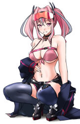  1girl ankle_boots azur_lane bare_shoulders belt bikini black_choker black_footwear black_shorts blue_coat blue_thighhighs blush boots breasts bremerton_(azur_lane) buckle choker cleavage coat collarbone commentary_request crossed_bangs ear_piercing eyewear_on_head front-tie_bikini_top front-tie_top full_body grey_belt grey_hair grey_thighhighs grin hair_between_eyes hair_intakes hair_ornament high_heel_boots high_heels highleg highleg_bikini lifebuoy_ornament long_hair looking_at_viewer medium_breasts mole mole_under_eye multicolored_hair navel navel_piercing no_shirt off_shoulder open_clothes open_coat piercing pink_belt pink_bikini pink_eyes pink_hair red-tinted_eyewear rudder_footwear shadow short_shorts shorts sidelocks simple_background skindentation smile snap-fit_buckle solo squatting stomach streaked_hair sunglasses swimsuit teeth thigh_strap thighhighs tinted_eyewear twintails two-tone_hair two-tone_legwear white_background yumi_(careca398) 