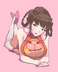 1girl bare_shoulders braid breasts brown_eyes brown_hair ceda_(dace) cleavage dead_or_alive full_body large_breasts lei_fang looking_at_viewer lying on_stomach open_mouth smile solo tagme rating:Sensitive score:28 user:LT634738468