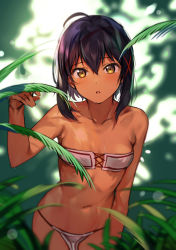 1girl :o ahoge bandeau bare_arms bare_shoulders black_hair blurry breasts brown_eyes collarbone cowboy_shot dark-skinned_female dark_skin depth_of_field hair_between_eyes hair_ornament hand_up has_bad_revision has_downscaled_revision highres konbu_wakame leaf looking_at_viewer md5_mismatch nature navel original parted_lips pelvic_curtain plant resolution_mismatch short_hair signature small_breasts solo source_smaller standing stomach strapless x_hair_ornament rating:Sensitive score:80 user:danbooru