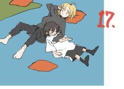 2girls a_channel ahoge alternate_costume bangs_pinned_back barefoot black_hair black_pants black_shirt black_shorts black_socks blonde_hair blue_background border closed_eyes closed_mouth cushion full_body funao_oekaki hand_on_another&#039;s_chest hand_up head_on_pillow ichii_tooru knees_up looking_at_another lying momoki_run multiple_girls no_shoes on_back pants shirt short_hair short_sleeves shorts sleeping sleeping_on_person smile socks white_border white_shirt 