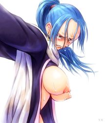 1girl blue_hair blush bonnie_(rsg) breasts earrings female_focus frown jewelry large_breasts nefertari_vivi nipples one_piece open_clothes ponytail solo tears white_background rating:Questionable score:61 user:sytalidis