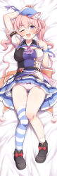  0208ramune 1girl absurdres asymmetrical_legwear bed_sheet belt black_footwear blue_wrist_cuffs blush bow bow_panties breasts dakimakura_(medium) dress drill_hair full_body hat highres idol idol_clothes large_breasts long_hair lying multicolored_clothes on_back one_eye_closed open_mouth panties pantyshot pink_hair pink_panties princess_connect! puffy_short_sleeves puffy_sleeves purple_eyes shoes short_sleeves single_thighhigh solo striped_clothes striped_thighhighs thighhighs tsumugi_(princess_connect!) twin_drills underwear wrist_cuffs 