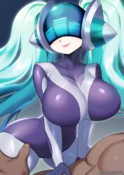  1boy 1girl black_bodysuit bodysuit breasts closed_mouth covered_collarbone dark-skinned_male dark_skin dj_sona english_text gradient_background green_hair grey_background grey_bodysuit highres large_breasts league_of_legends long_hair shiny_clothes shiny_skin smile sona_(league_of_legends) strongbana twintails watermark web_address 
