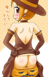  1girl ass ass_support back_boob backless_outfit bare_shoulders bloomers bloomers_pull blush breasts brown_eyes choker earrings g-string halloween hat jack-o&#039;-lantern jewelry looking_at_viewer looking_back manaa_(kasetsu_sakurasaku) open_mouth orange_hair panties pointy_ears shiny_skin short_hair shoulder_gloves small_breasts smile solo thong underwear 