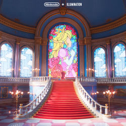 blonde_hair brooch cloud crown dress elbow_gloves flower gloves highres jewelry lamppost mario_(series) nintendo official_art picture_frame pink_dress princess_peach red_flower red_rose rose scenery stained_glass stairs the_super_mario_bros._movie throne white_gloves rating:General score:9 user:danbooru
