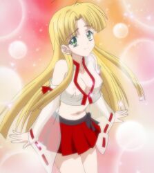  1girl asia_argento blonde_hair breasts colored_skin green_eyes high_school_dxd highres japanese_clothes long_hair looking_at_viewer medium_breasts navel red_skirt screencap see-through see-through_shirt skirt third-party_edit white_skin  rating:Explicit score:21 user:Raydmax