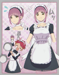  1boy 1girl :t absurdres afterimage alternate_costume apron arched_bangs black_dress blush border brown_eyes choker closed_eyes closed_mouth collarbone commentary_request creatures_(company) crispin_(pokemon) crying dress enmaided flying_sweatdrops frills frying_pan game_freak grey_border highres holding holding_frying_pan lacey_(pokemon) maid maid_headdress motion_lines multiple_views nintendo open_mouth p_0_a pokemon pokemon_sv purple_hair short_sleeves streaming_tears tears translation_request white_apron white_choker 