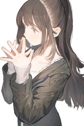  1girl absurdres aspara black_jacket blush brown_eyes brown_hair closed_mouth collarbone drawstring hand_up highres jacket long_hair long_sleeves original own_hands_together ponytail shirt simple_background solo tagme upper_body white_background white_shirt 