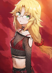  1girl alternate_costume alternate_hairstyle black_collar blonde_hair bra breasts collar collarbone fate/apocrypha fate/grand_order fate_(series) fishnet_top fishnets glasses green_eyes highres long_hair looking_at_viewer mordred_(fate) mordred_(fate/apocrypha) navel parted_bangs ponytail red_background red_bra red_scrunchie revision scrunchie simple_background small_breasts solo tonee underwear upper_body  rating:Sensitive score:31 user:danbooru