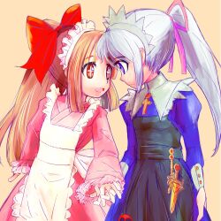  2girls :d apron back_bow black_apron blonde_hair blue_dress bow closed_mouth cross cross-shaped_pupils dagger dress eye_contact forehead-to-forehead futaba_channel grey_hair hair_bow hair_ribbon heads_together highres holding_hands interlocked_fingers itai japanese_clothes juliet_sleeves kimono knife long_sleeves looking_at_another maid maid_headdress multiple_girls nijiura_maids open_mouth orange_eyes pink_kimono pink_ribbon ponytail puffy_sleeves purple_eyes red_bow ribbon simple_background smile symbol-shaped_pupils tensai_(nijiura_maids) tsukiyono_aroe wa_maid weapon white_bow yellow_background 