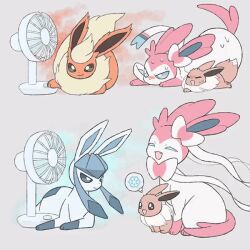 :d animated bright_pupils closed_mouth commentary creatures_(company) eevee electric_fan flareon game_freak gen_1_pokemon gen_4_pokemon gen_6_pokemon glaceon grey_background looping_animation mikripkm nintendo no_humans open_mouth pokemon pokemon_(creature) prehensile_ribbon smile sweat sylveon thought_bubble white_pupils wind