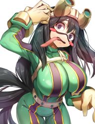 10s 1girl :&gt; alternate_breast_size asui_tsuyu bad_id bad_pixiv_id belt black_hair blush blush_stickers bodysuit boku_no_hero_academia breasts cleavage eyelashes frog_girl from_above gloves goggles goggles_on_head hair_between_eyes hair_rings hand_on_own_head highres huge_breasts impossible_bodysuit impossible_clothes long_hair long_tongue low-tied_long_hair md5_mismatch monster_girl naeun_(pinky1866) open_mouth purple_eyes shiny_clothes skin_tight solo tongue tongue_out rating:Sensitive score:146 user:danbooru