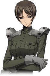 1girl armor artist_request breast_pocket breasts brown_eyes brown_hair buttons chiba_nagisa closed_mouth code_geass code_geass:_lost_stories cropped_torso crossed_arms female_focus game_cg gloves green_jacket grey_gloves jacket long_sleeves looking_at_viewer matching_hair/eyes medium_breasts military_uniform non-web_source official_art pocket short_hair shoulder_armor sidelocks simple_background solo standing transparent_background uniform upper_body v-shaped_eyebrows 