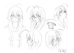 1girl absurdres character_sheet female_focus full_body glasses highres ikkitousen ikkitousen_great_guardians long_hair looking_at_viewer monochrome multiple_views official_art open_mouth panties ryuubi_gentoku school_uniform smile solo underwear upper_body very_long_hair white_background wide_hips