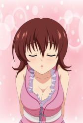  1girl blush breasts brown_hair cleavage closed_eyes highres kiss large_breasts mikado_ryouko school_nurse short_hair simple_background solo third-party_edit to_love-ru  rating:Sensitive score:34 user:fcz64