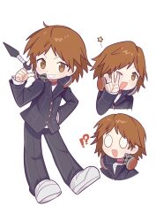  !!_(p7kwzcwyyhxsz6u) !? 0_0 1boy ;d blank_eyes brown_eyes brown_hair chibi hanamura_yousuke hand_on_own_hip headphones headphones_around_neck highres holding holding_weapon kunai leaning_forward looking_at_viewer male_focus multiple_boys one_eye_closed open_mouth persona persona_4 school_uniform short_hair smile spinning_weapon star_(symbol) undershirt v weapon white_undershirt yasogami_school_uniform 