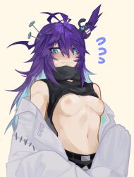  0rcazone absurdres blue_eyes breasts dr.nova(e) highres lab_coat purple_hair small_breasts stitches v4mirai wavy_mouth 