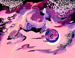  1other animal animal_focus cloud cloudy_sky clover clover_(flower) crescent_moon dark_clouds deer fawn fleebites flower flower_in_mouth holding holding_flower jumping lightning limited_palette moon night night_sky no_humans original outdoors pink_background pink_flower pink_sky purple_clouds purple_fur purple_theme rain sky star_(sky) storm storm_cloud surreal traditional_media tree 