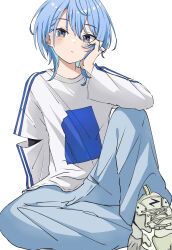  1girl absurdres blue_eyes blue_hair blue_pants casual closed_mouth el_(nevelo) hand_on_own_face highres hololive hoshimachi_suisei light_blush long_sleeves looking_at_viewer pants print_sweater shoes short_hair simple_background sitting sneakers solo sweater virtual_youtuber white_background white_footwear white_sweater 