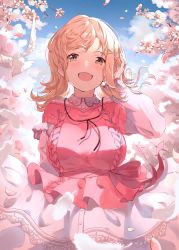 1girl :d absurdres bird blonde_hair blue_sky breasts cherry_blossoms falling_petals feathers tucking_hair highres idolmaster idolmaster_shiny_colors large_breasts looking_afar open_mouth petals pigeon pink_sweater puni_(punycolors) sakuragi_mano sky smile solo sweater swept_bangs rating:General score:5 user:danbooru