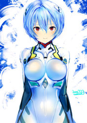  1girl 2009 alternate_breast_size artist_name ayanami_rei blue_hair blush bodysuit breasts breasts_apart covered_erect_nipples cowboy_shot dated hair_between_eyes hair_ornament hip_focus impossible_bodysuit impossible_clothes interface_headset large_breasts light_smile looking_at_viewer narrow_waist neon_genesis_evangelion pilot_suit plugsuit red_eyes revision rondo_bell short_hair skin_tight smile solo turtleneck  rating:Questionable score:28 user:danbooru