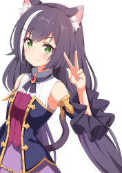 &gt;:) 1girl ame. animal_ear_fluff animal_ears bare_shoulders black_hair blue_sleeves blush breasts cat_ears cat_girl cat_tail closed_mouth commentary_request detached_sleeves green_eyes hair_between_eyes hand_up highres karyl_(princess_connect!) long_hair long_sleeves low_twintails multicolored_hair princess_connect! purple_skirt shirt simple_background skirt sleeveless sleeveless_shirt small_breasts smile solo split_mouth streaked_hair tail twintails v v-shaped_eyebrows very_long_hair white_background white_hair white_shirt rating:Sensitive score:8 user:danbooru