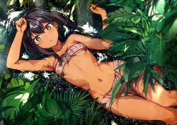1girl :o arm_up armpits bandeau bare_arms bare_shoulders black_hair brown_eyes collarbone dark_skin dark-skinned_female flower hair_ornament hand_up highres konbu_wakame leaf light_rays looking_at_viewer lying nature navel on_back original parted_lips partially_submerged pelvic_curtain plant red_flower short_hair solo stomach sunbeam sunlight thighs water x_hair_ornament rating:Sensitive score:67 user:danbooru